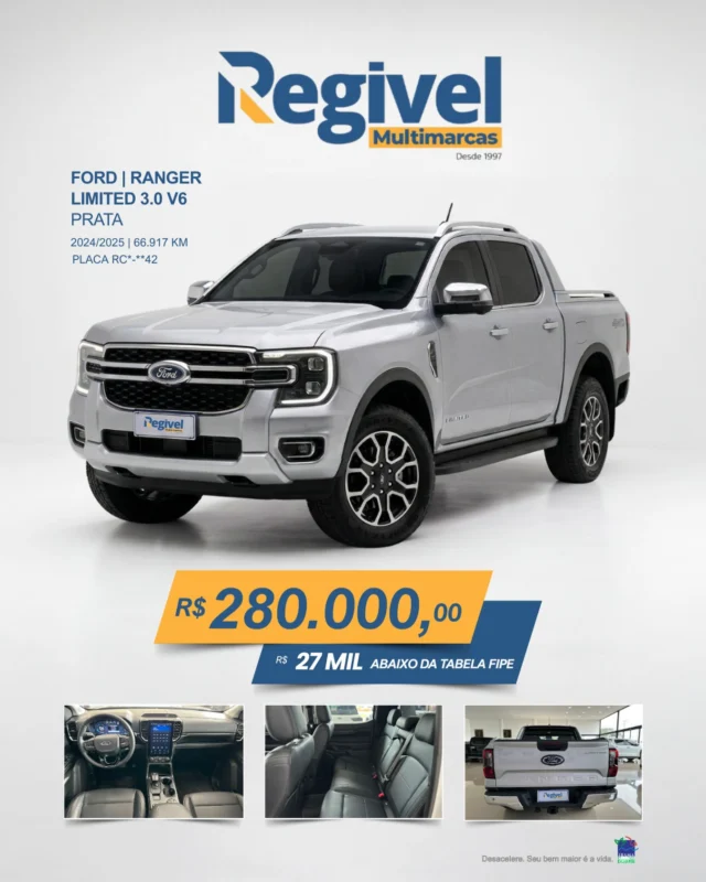 Potência, tecnologia e presença.

A Ford Ranger Limited 3.0 V6 é para quem não abre mão de desempenho e conforto em qualquer terreno.

✔️ 2024/2025
✔️ 66.917 km
✔️ Versão Limited
✔️ Motor 3.0 V6

💰 R$ 280.000
📉 R$ 27 MIL abaixo da FIPE

Uma oportunidade dessas não fica muito tempo disponível.

📍 Regivel Multimarcas
📲 Fale com nosso time e garanta a sua.
