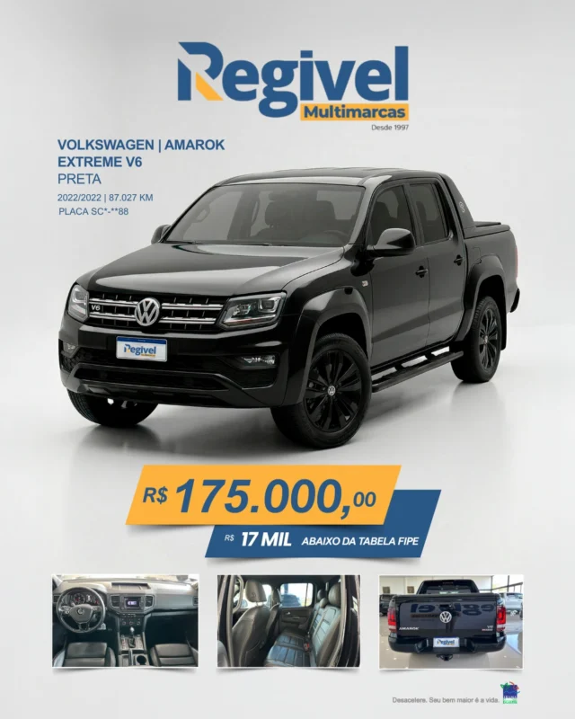 Potência, presença e um preço que chama atenção. 
A Amarok Extreme V6 é para quem quer força de verdade no volante.
Motor V6, acabamento premium e toda a robustez que fez da Amarok uma das picapes mais desejadas do Brasil.

✔️ 2022/2022
✔️ 87.027 km
✔️ Versão Extreme V6
✔️ Apenas R$ 175.000

💰 R$ 17 mil abaixo da Tabela FIPE

Uma oportunidade rara para levar para casa uma V6 com excelente custo-benefício.

📲 Fale com nosso time e agende uma visita.
