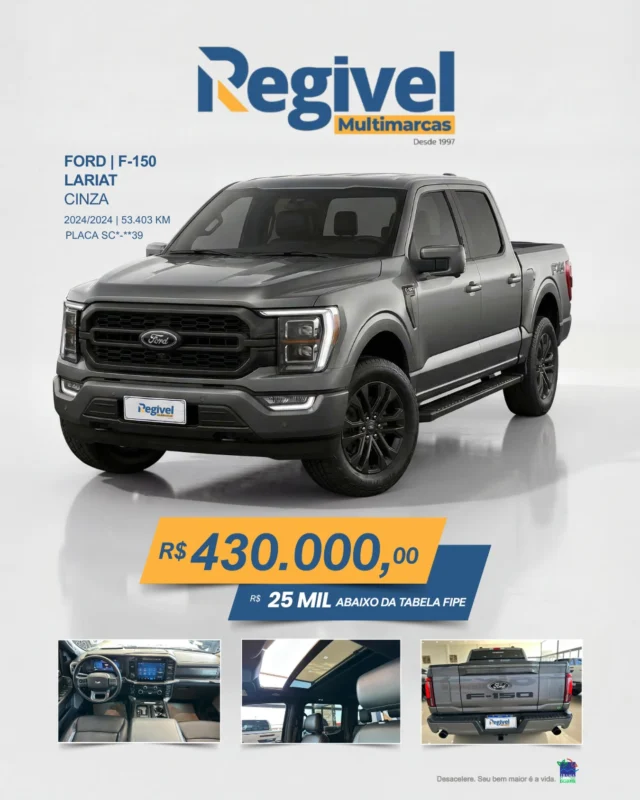 A Ford F-150 Lariat é a picape que redefine o conceito de força e sofisticação.
Um modelo imponente, tecnológico e pronto para entregar desempenho superior tanto no trabalho quanto no lazer.

✅ Ano 2024
✅ Apenas 53 mil km
✅ Versão Lariat
✅ Acabamento premium e teto solar panorâmico
✅ Tecnologia e conforto de alto padrão

💰 R$ 430.000
📉 R$ 25 mil abaixo da tabela FIPE

🚀 Uma oportunidade real para quem busca uma picape completa e diferenciada.