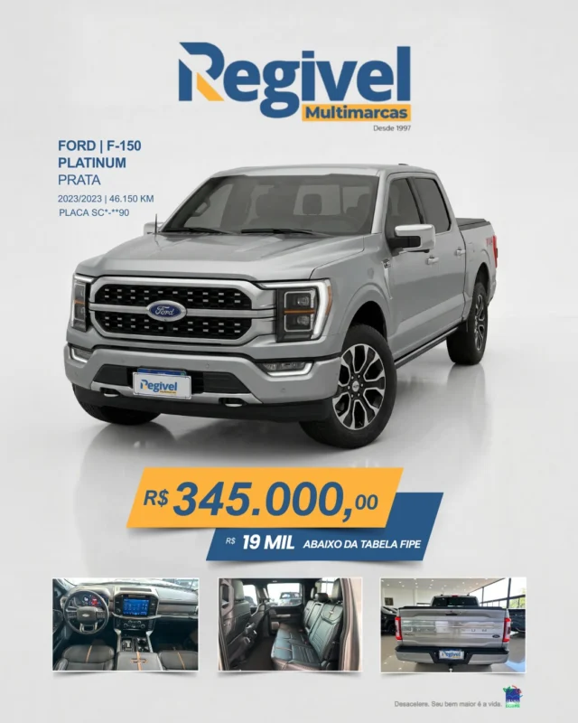 A Ford F-150 Platinum é a escolha certa para quem busca desempenho, tecnologia e conforto em um único veículo.
Com design imponente e acabamento premium, ela entrega uma experiência de dirigir acima da média — seja no trabalho ou no lazer.

🔥 Condição especial: R$ 19 mil abaixo da tabela FIPE.
💰 De R$ 345.000,00