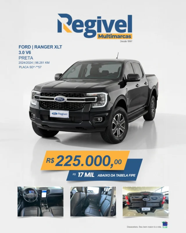 A força que o agro respeita, agora ao seu alcance. 

Ford Ranger XLT 3.0 V6 potência, presença e tecnologia em cada detalhe.
Uma picape pronta pra qualquer desafio, com conforto de sobra e desempenho que entrega resultado.

R$ 17 MIL abaixo da tabela FIPE
Condição que não aparece todo dia.

Se você quer subir de nível, essa é a oportunidade.

📍 Vem pra Regivel Multimarcas
📲 Chama no direct ou no WhatsApp e garanta a sua!