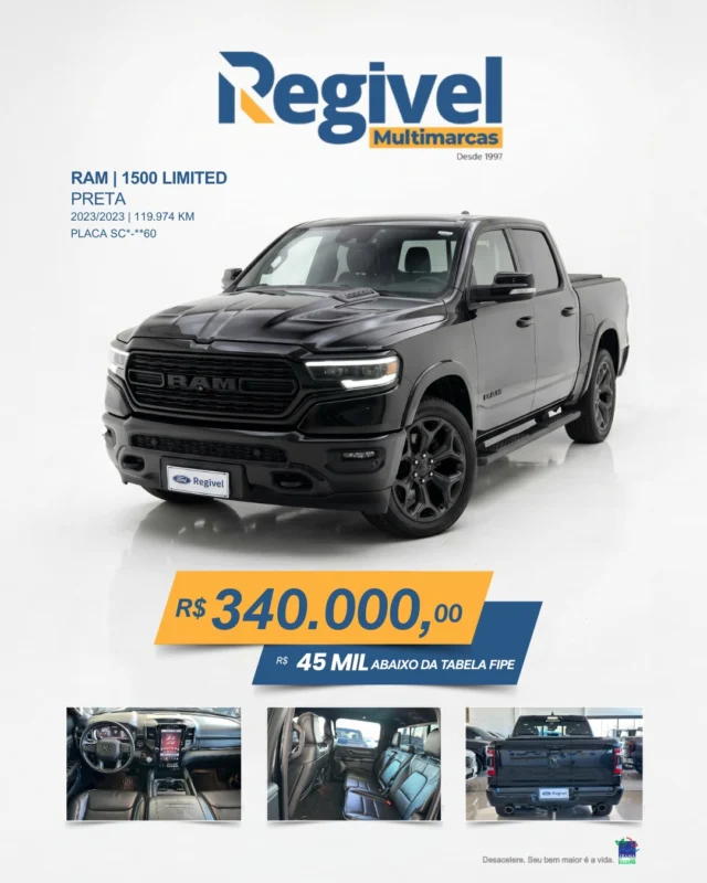 Presença, potência e exclusividade em cada detalhe.

RAM 1500 LIMITED 2023
✔️ Preta
✔️ 119 mil km
✔️ Top de linha

💰 R$ 340.000
🚨 R$ 45 MIL abaixo da FIPE

Essa não é só uma picape… é nível outro.

📍 Disponível na Regivel Multimarcas
📲 Chama agora e garante a sua
