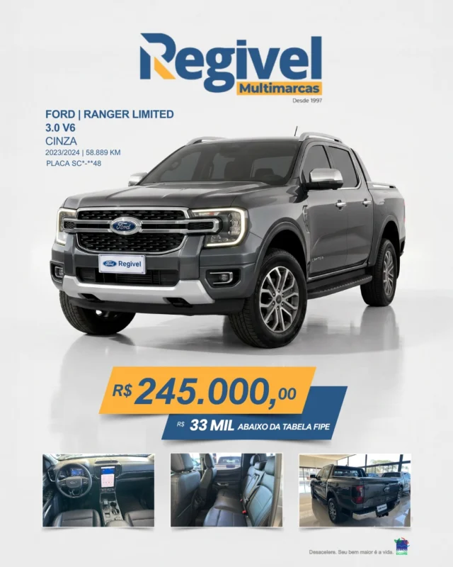 Ford Ranger Limited 3.0 V6 potência, conforto e tecnologia em um nível que você sente no primeiro toque.

🔥 Apenas R$ 245.000
💰 R$ 33 MIL abaixo da FIPE

• 2023/2024
• 58 mil km
• Bancos em couro 

Se você quer uma picape completa de verdade, essa é a hora.

📲 Chama no direct ou clique no link e garanta a sua antes que venda.