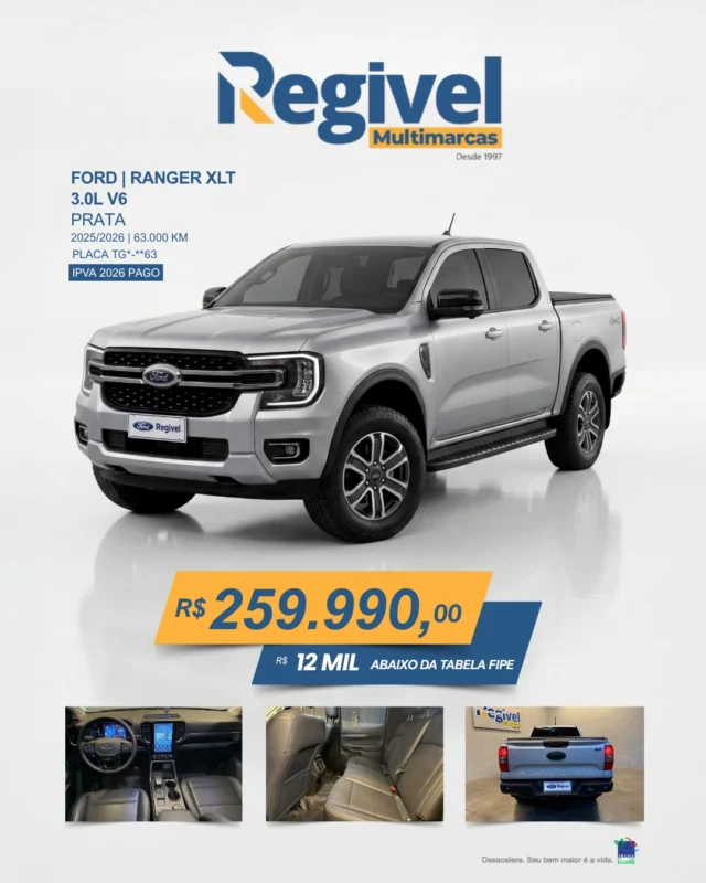 Ranger XLT V6 3.0 não é só uma picape, é presença, força e tecnologia em cada detalhe. 🔥

Ano 2025/2026, completa, pronta pra encarar qualquer desafio seja no trabalho ou no dia a dia, ela entrega desempenho de sobra.

E o melhor: R$ 12 mil abaixo da tabela FIPE.

Se você estava esperando a oportunidade certa… ela chegou.

Chama agora e vem garantir a sua na Regivel Multimarcas. 💙