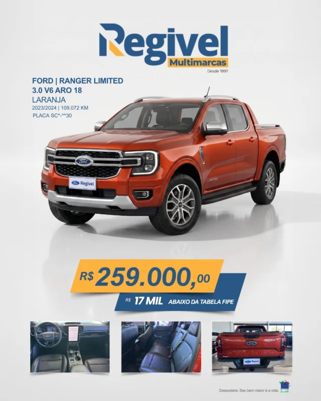 Potência, conforto e presença em cada detalhe. 

Essa Ranger Limited V6 une força, tecnologia e sofisticação pra quem quer dirigir muito além do comum. 
E o melhor, R$ 17 mil abaixo da tabela FIPE.

📍Disponível na Regivel Multimarcas
📲 Chama no direct e venha conhecer de perto.
