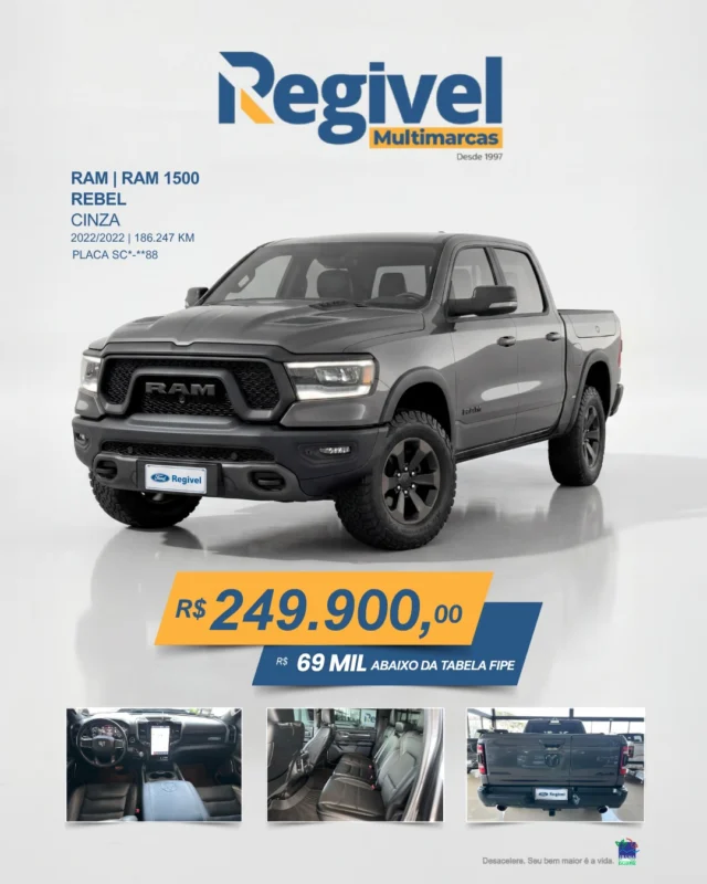 Não é toda caminhonete que impõe respeito antes mesmo de ligar o motor. A Ram 1500 Rebel chegou para quem gosta de presença, potência e exclusividade.

Ram 1500 Rebel Cinza
2022/2022
186 mil km
R$ 249.900

E tem mais: R$ 69 MIL abaixo da tabela FIPE 🔥

Força, conforto e uma experiência premium em cada detalhe. Quem conhece, sabe: isso aqui é outro nível.